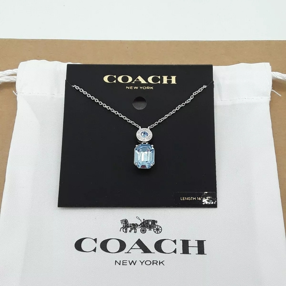 COACH Emerald Cut Silver / Aqua Necklace 16”-18”